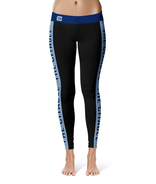 The Citadel Bulldogs Vive La Fete Game Day Collegiate Light Blue Stripes Women Black Yoga Leggings 2 Waist Tights