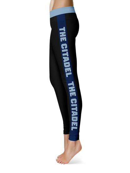 The Citadel Bulldogs Vive La Fete Game Day Collegiate Blue Stripes Women Black Yoga Leggings 2 Waist Tights