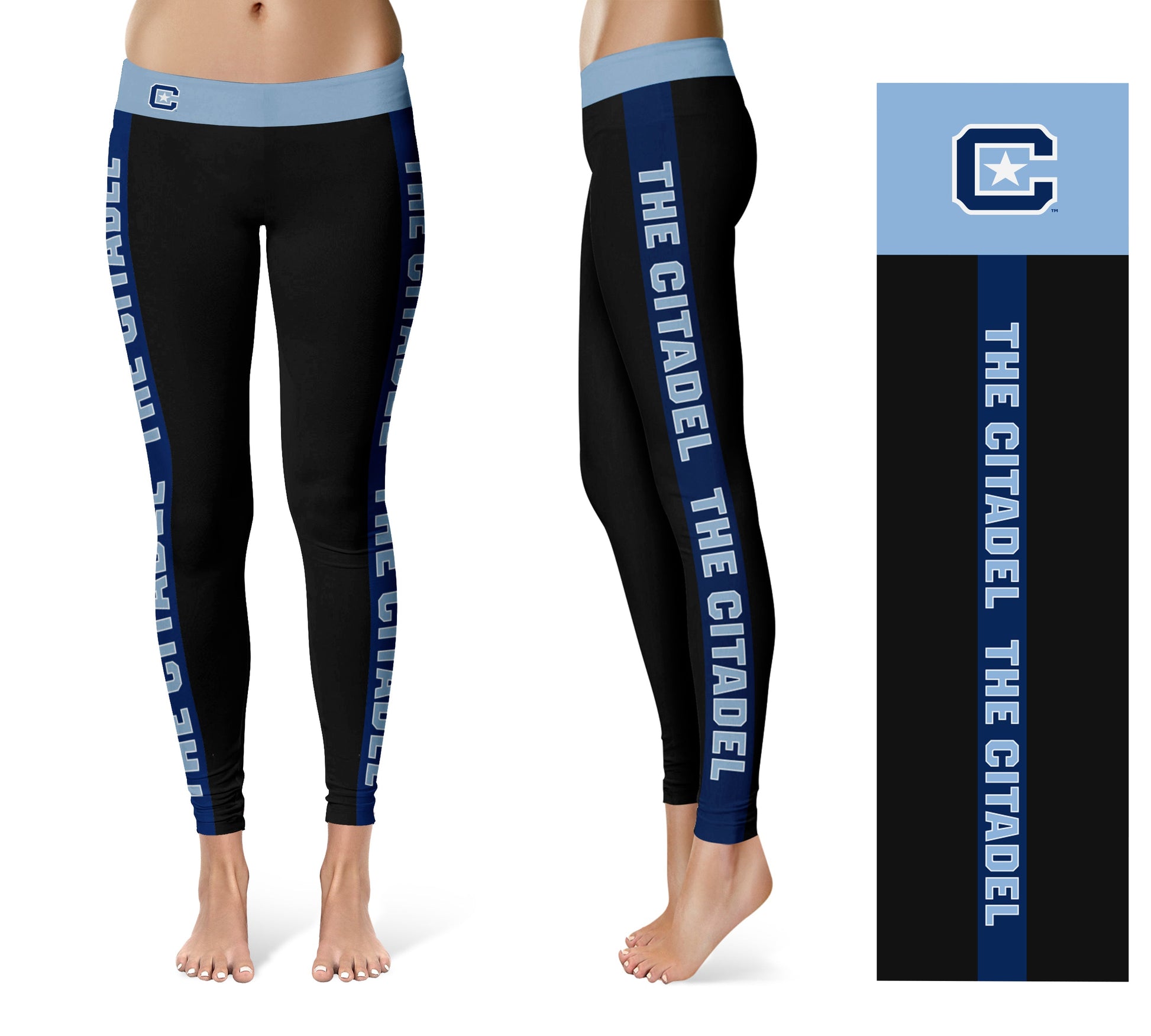 The Citadel Bulldogs Vive La Fete Game Day Collegiate Blue Stripes Women Black Yoga Leggings 2 Waist Tights