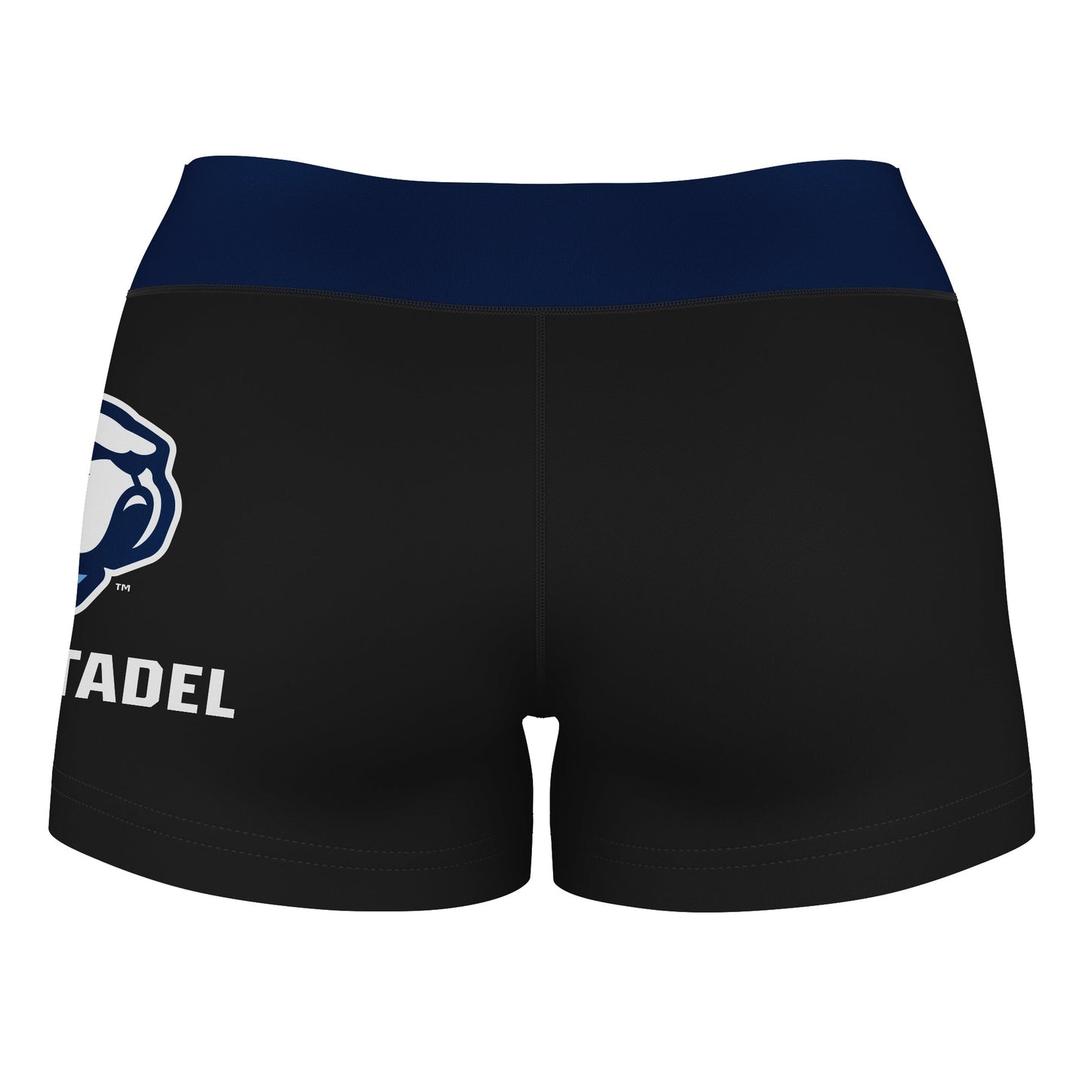 Citadel Bulldogs Vive La Fete Logo on Thigh & Waistband Black & Blue Women Yoga Booty Workout Shorts 3.75 Inseam - Vive La F̻te - Online Apparel Store