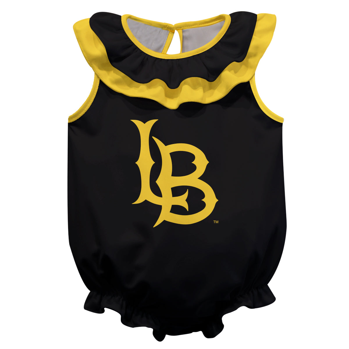 Cal State Long Beach 49ers Black Sleeveless Ruffle One Piece Jumpsuit Mascot Bodysuit by Vive La Fete