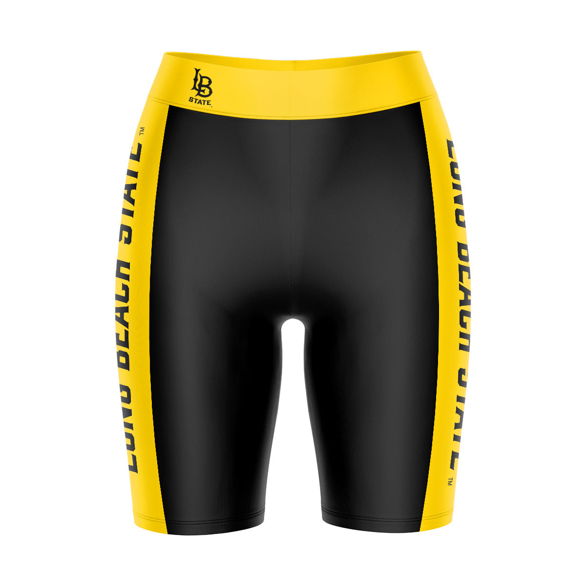 Cal State Long Beach 49ers Vive La Fete Game Day Logo on Waistband and Gold Stripes Black Women Bike Short 9 Inseam