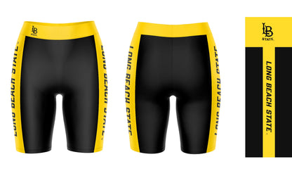 Cal State Long Beach 49ers Vive La Fete Game Day Logo on Waistband and Gold Stripes Black Women Bike Short 9 Inseam