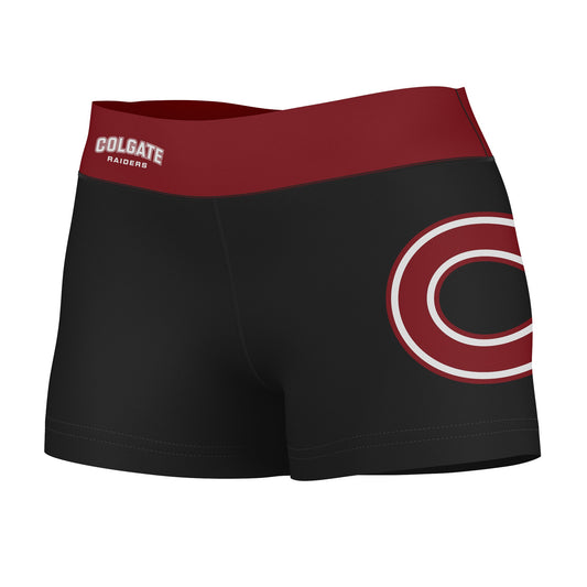 Colgate Raiders Vive La Fete Logo on Thigh and Waistband Black and Maroon Women Yoga Booty Workout Shorts 3.75 Inseam"