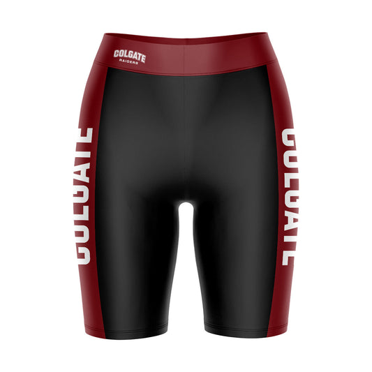 Colgate University Raiders Vive La Fete Game Day Logo on Waistband and Maroon Stripes Black Women Bike Short 9 Inseam