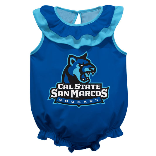 Cal State San Marcos Cougars Blue Sleeveless Ruffle One Piece Jumpsuit Logo Bodysuit by Vive La Fete