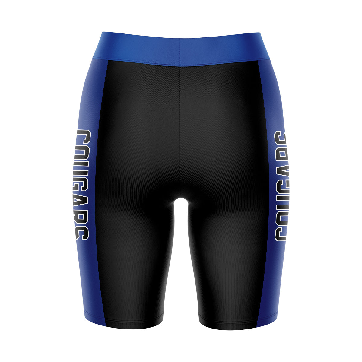 Cal State San Marcos Cougars Vive La Fete Game Day Logo on Waistband and Blue Stripes Black Women Bike Short 9 Inseam