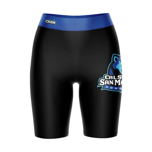 Cal State San Marcos Cougars Vive La Fete Game Day Logo on Thigh and Waistband Black and Blue Women Bike Short 9 Inseam