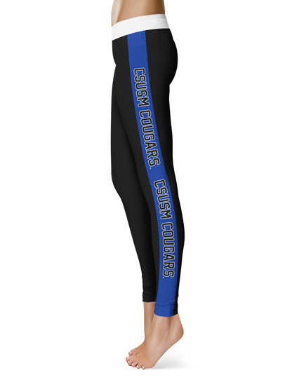 Cal State San Marcos Cougars Vive La Fete Game Day Collegiate Blue Stripes Women Black Yoga Leggings 2 Waist Tights