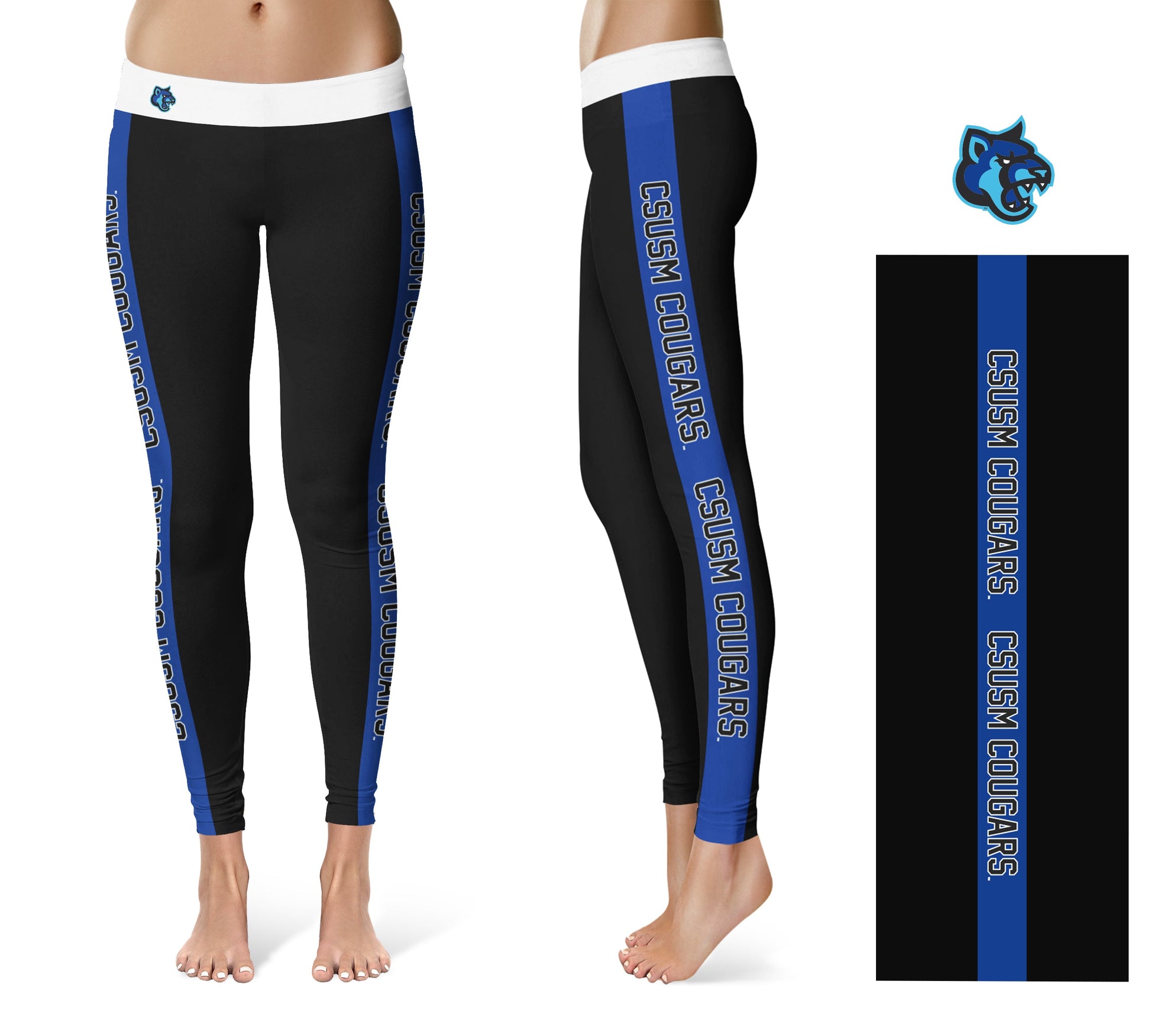 Cal State San Marcos Cougars Vive La Fete Game Day Collegiate Blue Stripes Women Black Yoga Leggings 2 Waist Tights