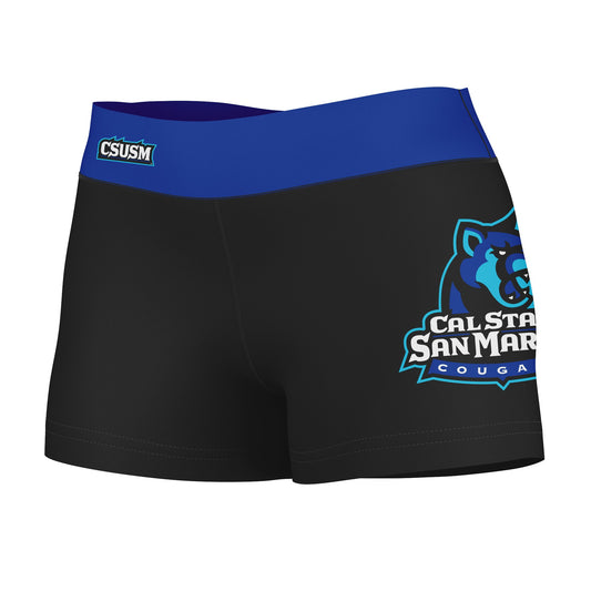 Cal State San Marcos Cougars Logo on Thigh & Waistband Black & Blue Women Yoga Booty Workout Shorts 3.75 Inseam
