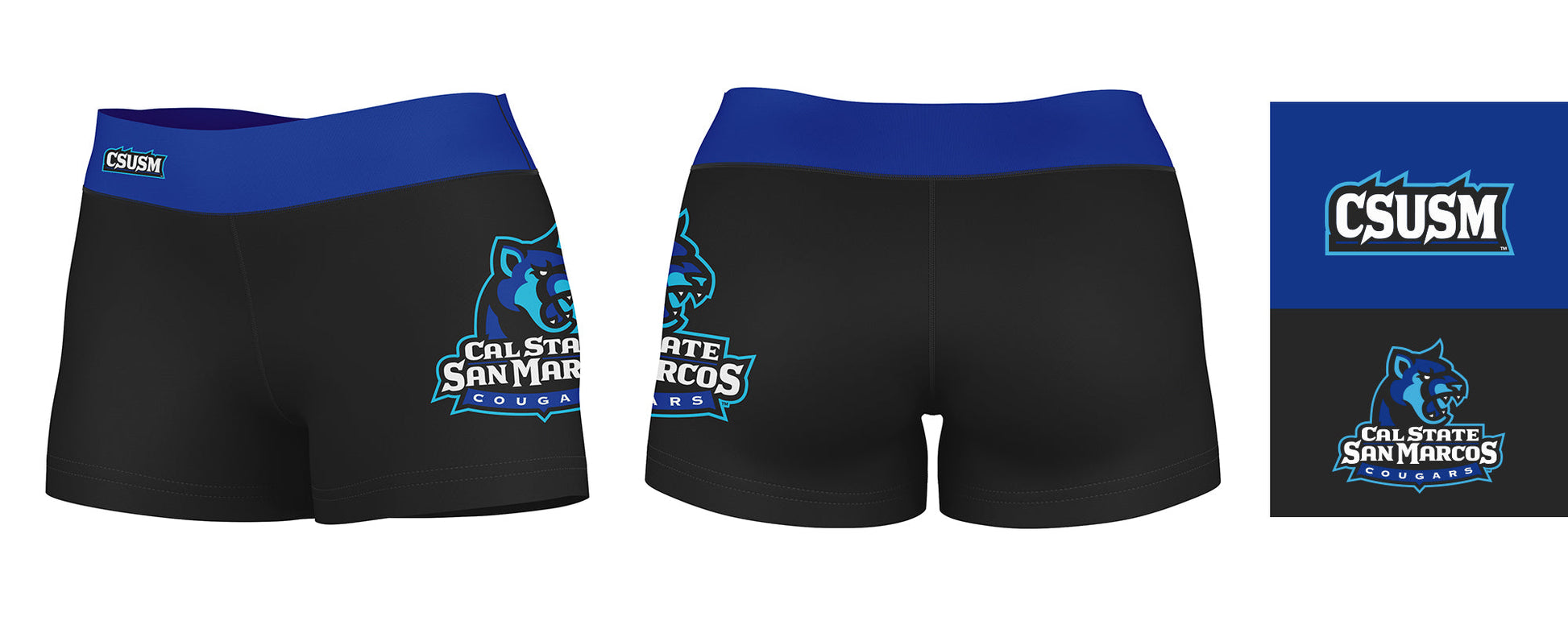 Cal State San Marcos Cougars Logo on Thigh & Waistband Black & Blue Women Yoga Booty Workout Shorts 3.75 Inseam - Vive La F̻te - Online Apparel Store