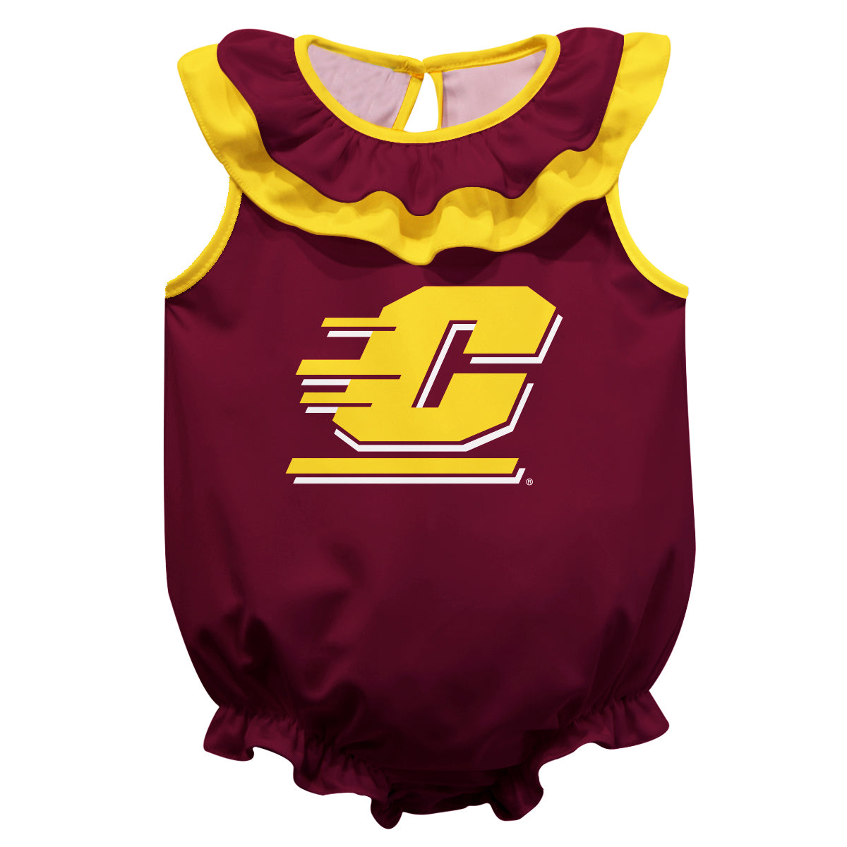 Central Michigan Chippewas Maroon Sleeveless Ruffle One Piece Jumpsuit Logo Bodysuit by Vive La Fete