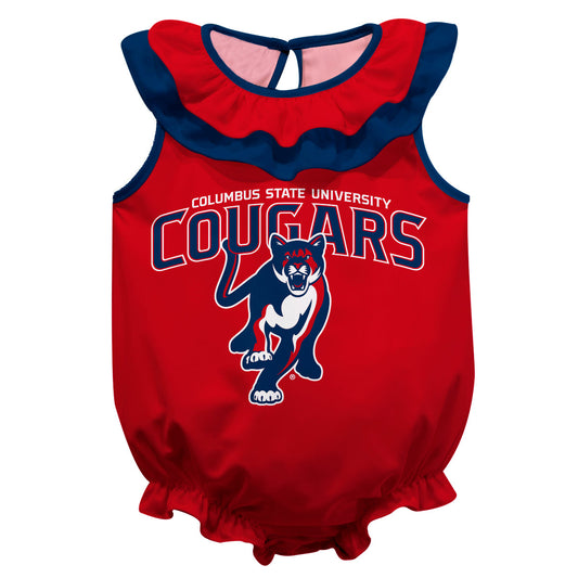 Columbus State Cougars Red Sleeveless Ruffle One Piece Jumpsuit Logo Bodysuit by Vive La Fete