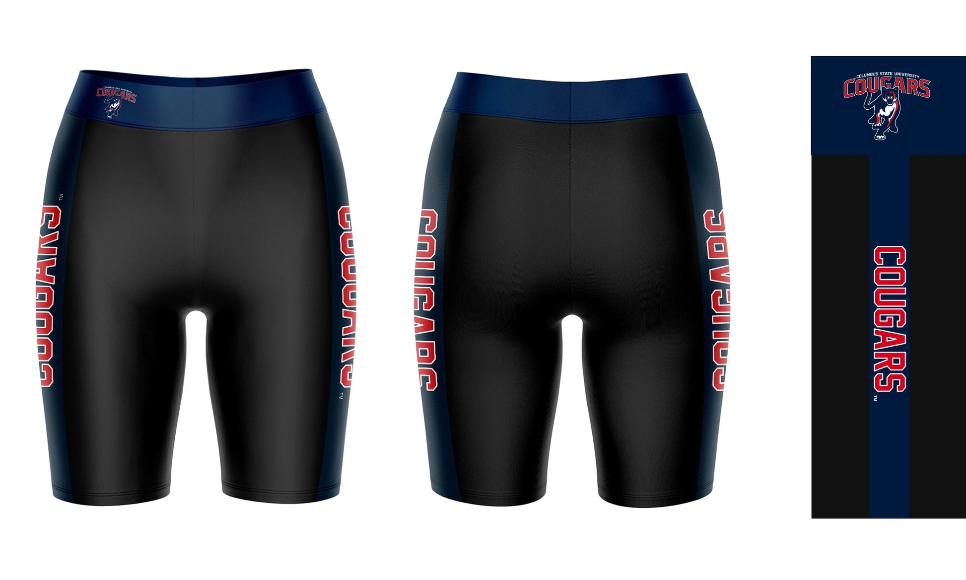 Columbus State Cougars Vive La Fete Game Day Logo on Waistband and Navy Stripes Black Women Bike Short 9 Inseam"