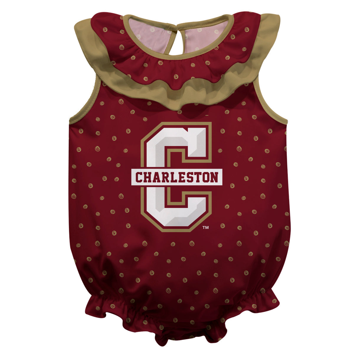Charleston Cougars COC Swirls Maroon Sleeveless Ruffle One Piece Jumpsuit Logo Bodysuit by Vive La Fete