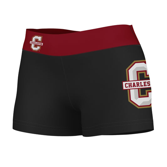 CofC Cougars COC Vive La Fete Game Day Logo on Thigh & Waistband Black & Maroon Women Booty Workout Shorts 3.75 Inseam"