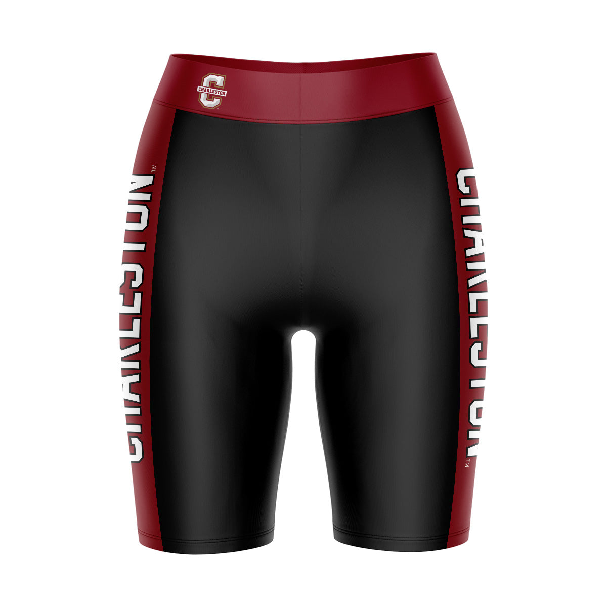 Charleston Cougars COC Vive La Fete Game Day Logo on Waistband and Maroon Stripes Black Women Bike Short 9 Inseam"