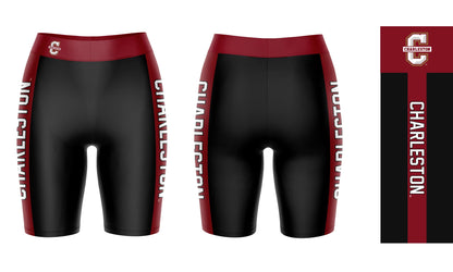 Charleston Cougars COC Vive La Fete Game Day Logo on Waistband and Maroon Stripes Black Women Bike Short 9 Inseam"