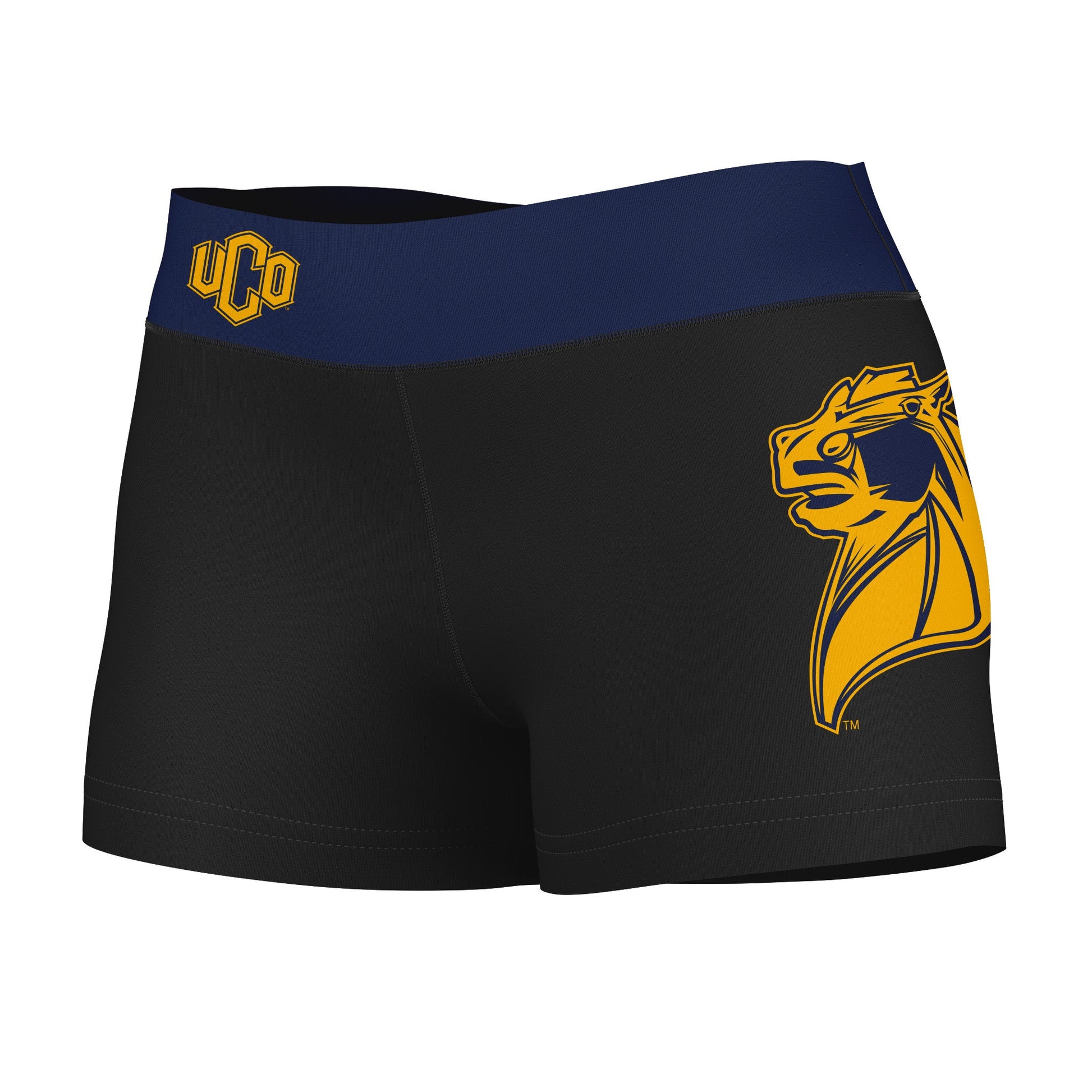 Central Oklahoma Bronchos UCO Logo on Thigh & Waistband Black & Navy Women Yoga Booty Workout Shorts 3.75 Inseam"