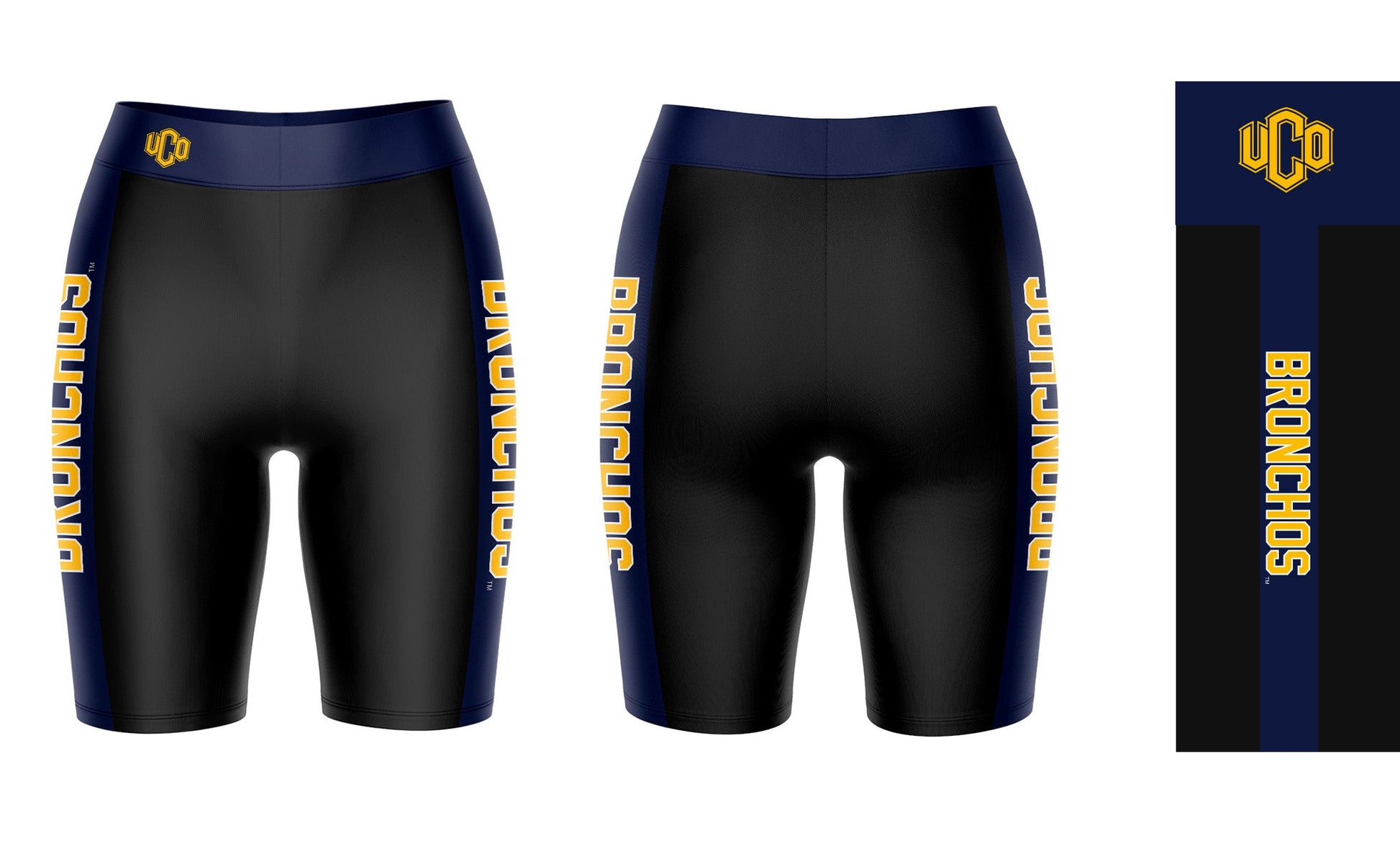 Central Oklahoma Bronchos UCO Vive La Fete Game Day Logo on Waistband and Navy Stripes Black Women Bike Short 9 Inseam