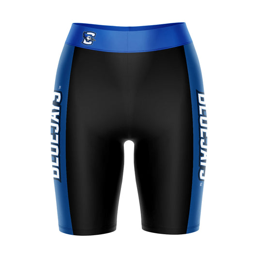 Creighton University Bluejays Vive La Fete Game Day Logo on Waistband and Blue Stripes Black Women Bike Short 9 Inseam