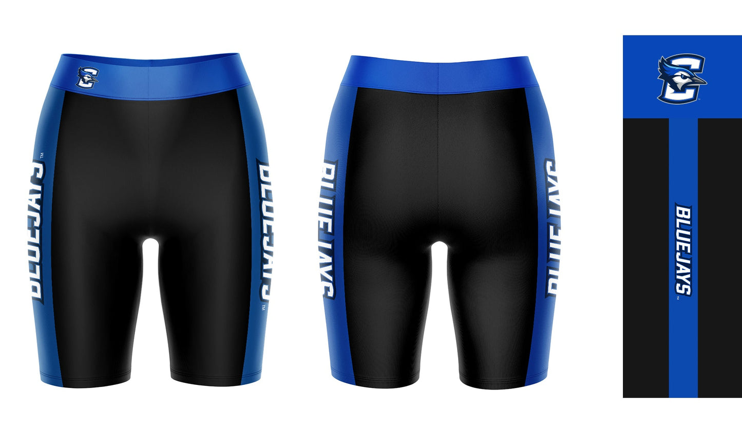 Creighton University Bluejays Vive La Fete Game Day Logo on Waistband and Blue Stripes Black Women Bike Short 9 Inseam