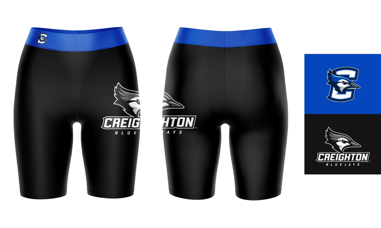 Creighton Bluejays Vive La Fete Game Day Logo on Thigh and Waistband Black and Blue Women Bike Short 9 Inseam