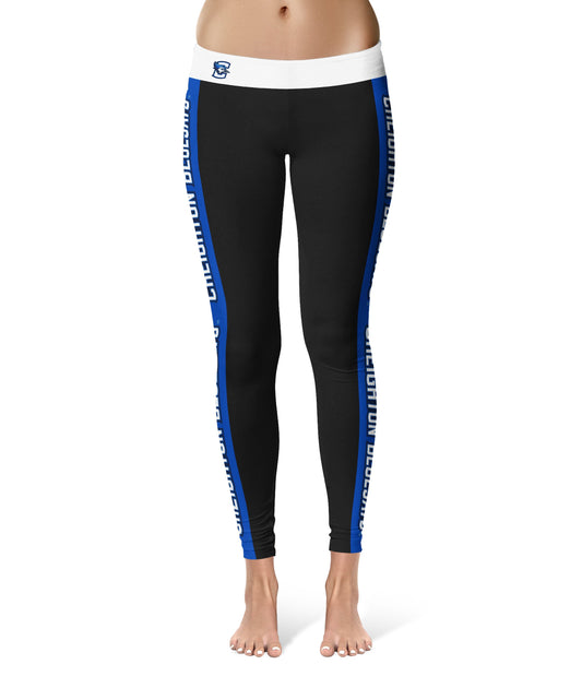 Creighton University Bluejays Vive La Fete Game Day Collegiate Blue Stripes Women Black Yoga Leggings 2 Waist Tights