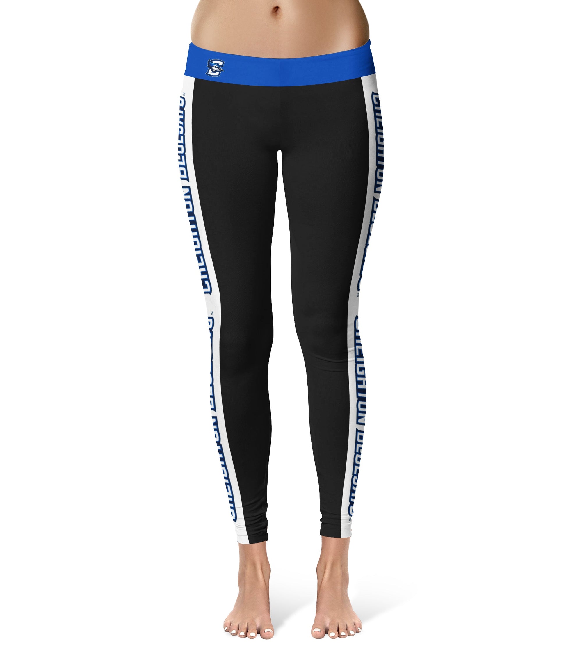 Creighton University Bluejays Vive La Fete Game Day Collegiate White Stripes Women Black Yoga Leggings 2 Waist Tights