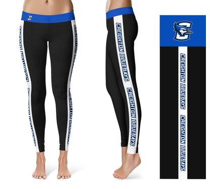 Creighton University Bluejays Vive La Fete Game Day Collegiate White Stripes Women Black Yoga Leggings 2 Waist Tights