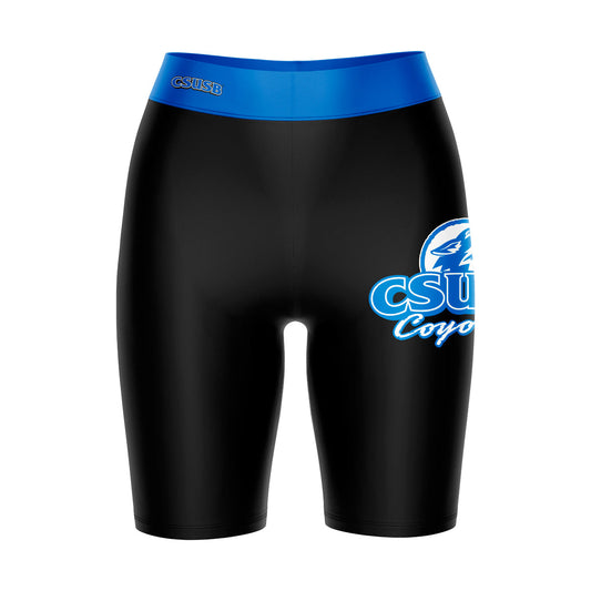 Cal State San Bernardino Coyotes CSUSB Vive La Fete Logo on Thigh and Waistband Black and Blue Women Bike Short 9 Inseam