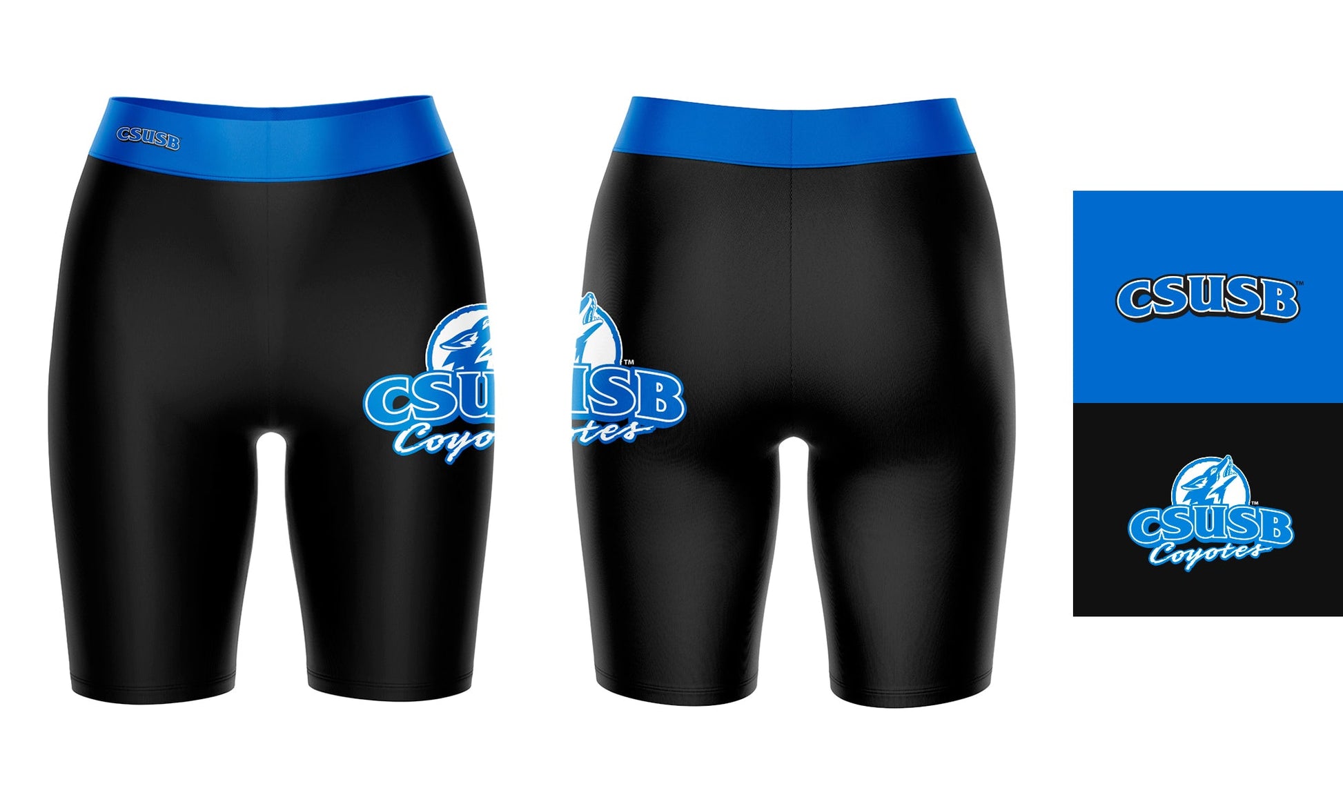 Cal State San Bernardino Coyotes CSUSB Vive La Fete Logo on Thigh and Waistband Black and Blue Women Bike Short 9 Inseam