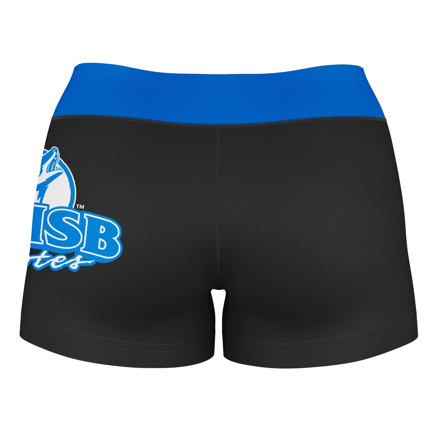 Cal State San Bernardino Coyotes CSUSB Logo on Thigh & Waistband Black Blue Women Yoga Booty Workout Shorts 3.75 Inseam - Vive La F̻te - Online Apparel Store