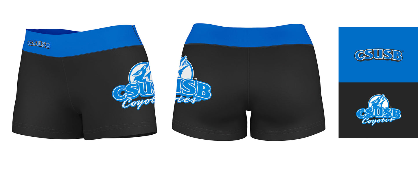 Cal State San Bernardino Coyotes CSUSB Logo on Thigh & Waistband Black Blue Women Yoga Booty Workout Shorts 3.75 Inseam - Vive La F̻te - Online Apparel Store