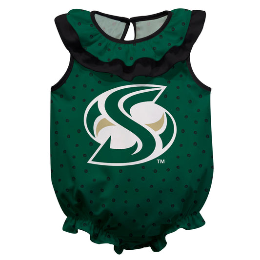 Sacramento State Hornets Swirls Green Sleeveless Ruffle One Piece Jumpsuit Logo Bodysuit by Vive La Fete