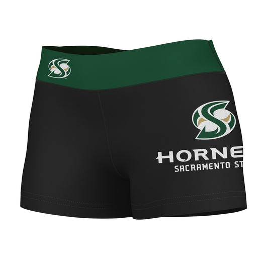 Sacramento State Hornets Vive La Fete Logo on Thigh & Waistband Black & Green Women Booty Workout Shorts 3.75 Inseam"