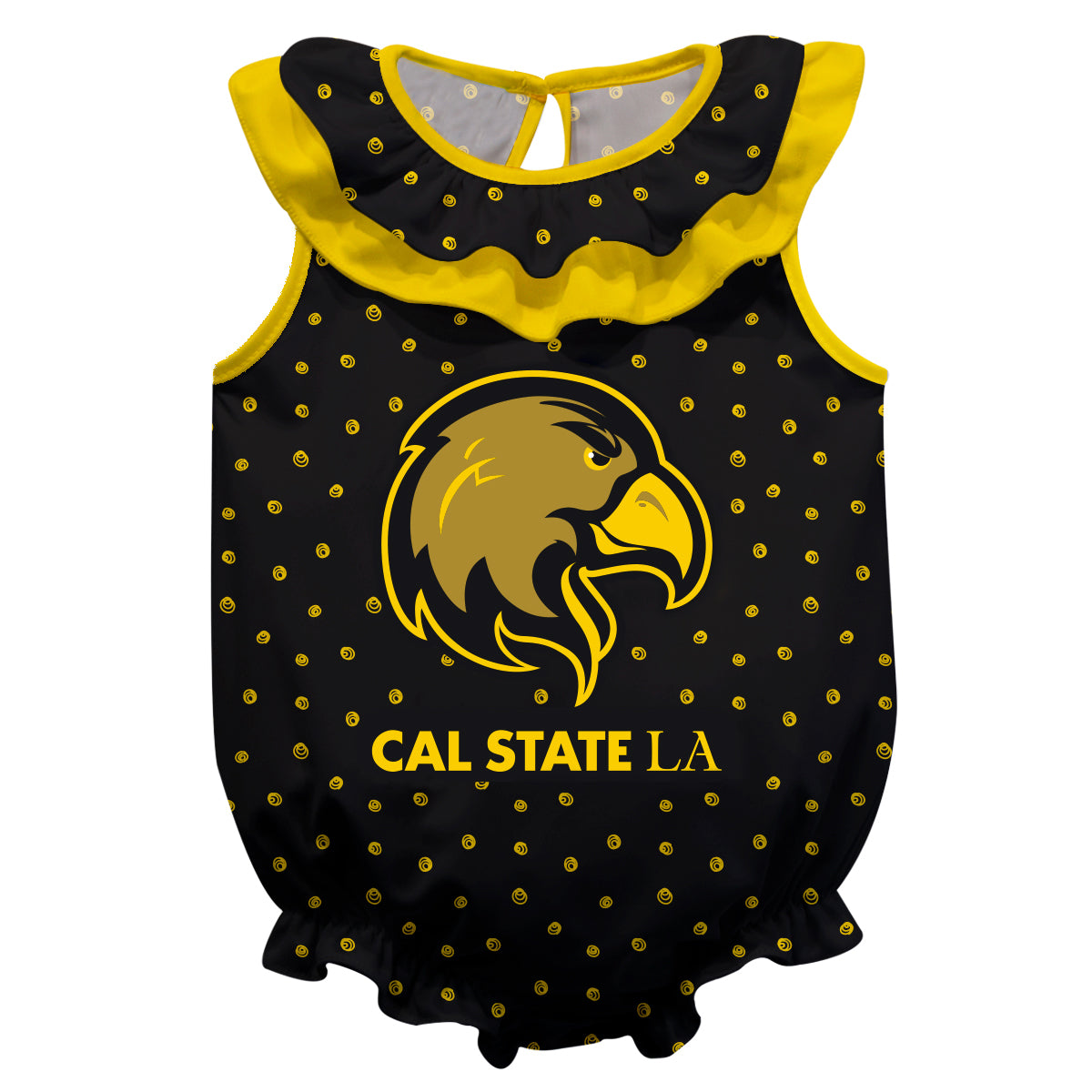 Cal State LA Golden Eagles Swirls Black Sleeveless Ruffle One Piece Jumpsuit Logo Bodysuit by Vive La Fete