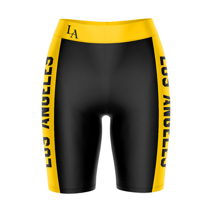 Cal State LA Golden Eagles Vive La Fete Game Day Logo on Waistband and Gold Stripes Black Women Bike Short 9 Inseam