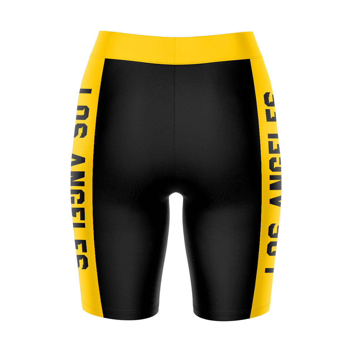 Cal State LA Golden Eagles Vive La Fete Game Day Logo on Waistband and Gold Stripes Black Women Bike Short 9 Inseam