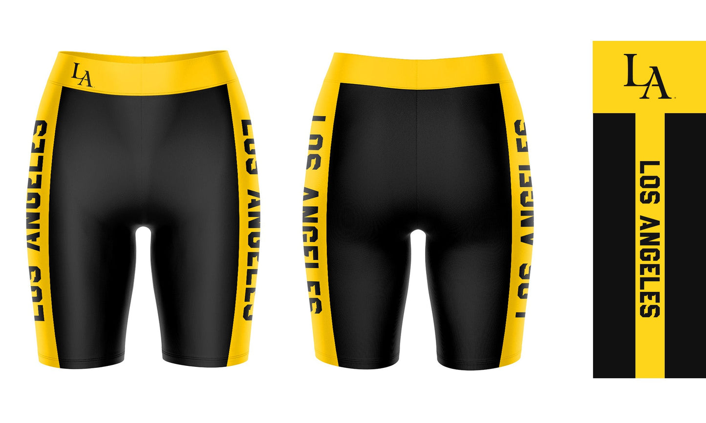 Cal State LA Golden Eagles Vive La Fete Game Day Logo on Waistband and Gold Stripes Black Women Bike Short 9 Inseam