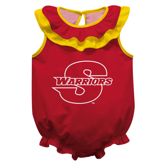 Cal State Stanislaus Warriors CSUSTAN Red Sleeveless Ruffle One Piece Jumpsuit Logo Bodysuit by Vive La Fete