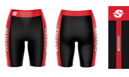 California State Stanilaus Warriors Vive La Fete Logo on Waistband and Red Stripes Black Women Bike Short 9 Inseam