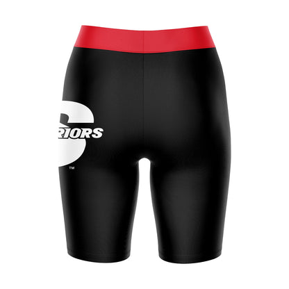 Cal State Stanislaus Warriors CSUSTAN Vive La Fete Logo on Thigh and Waistband Black and Red Women Bike Short 9 Inseam