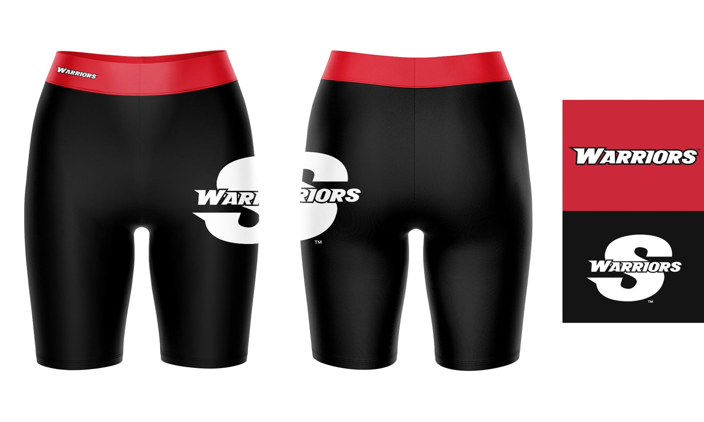 Cal State Stanislaus Warriors CSUSTAN Vive La Fete Logo on Thigh and Waistband Black and Red Women Bike Short 9 Inseam