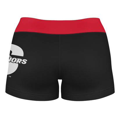 Cal State Stanislaus Warriors CSUSTAN Logo on Thigh & Waistband Black & Red Women Yoga Booty Workout Shorts 3.75 Inseam - Vive La F̻te - Online Apparel Store