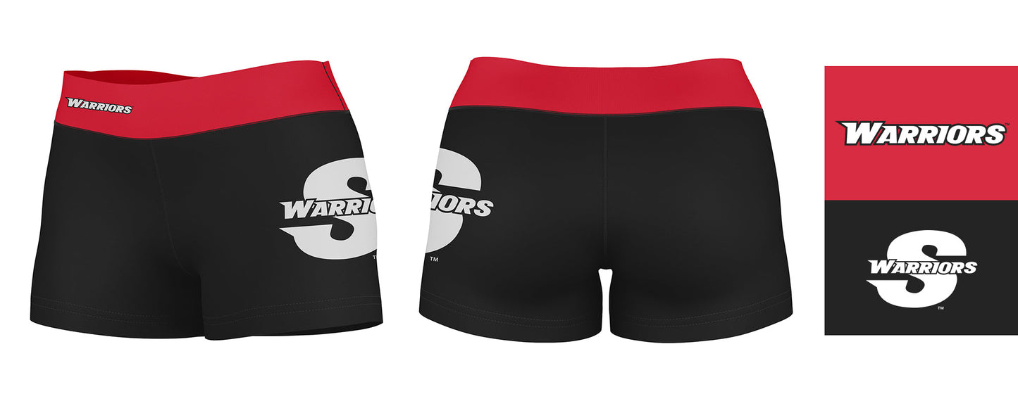 Cal State Stanislaus Warriors CSUSTAN Logo on Thigh & Waistband Black & Red Women Yoga Booty Workout Shorts 3.75 Inseam - Vive La F̻te - Online Apparel Store