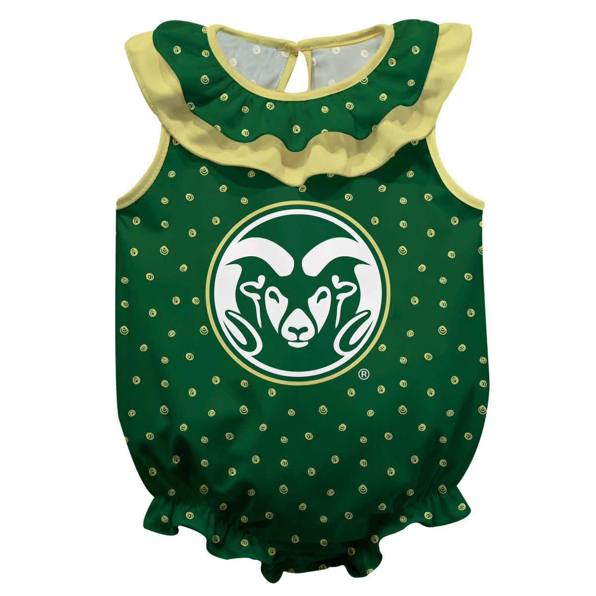 Colorado State Rams CSU Swirls Green Sleeveless Ruffle One Piece Jumpsuit Logo Bodysuit by Vive La Fete