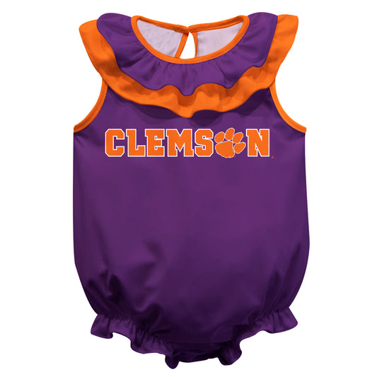 Clemson Tigers Purple Sleeveless Ruffle One Piece Jumpsuit Logo Bodysuit by Vive La Fete