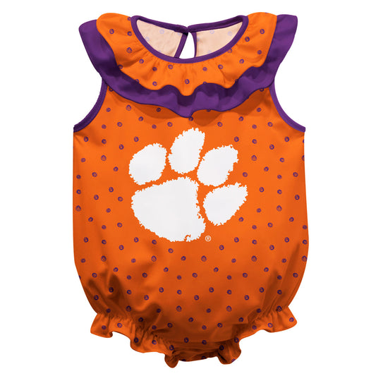 Clemson Tigers Swirls Orange Sleeveless Ruffle One Piece Jumpsuit Logo Bodysuit by Vive La Fete